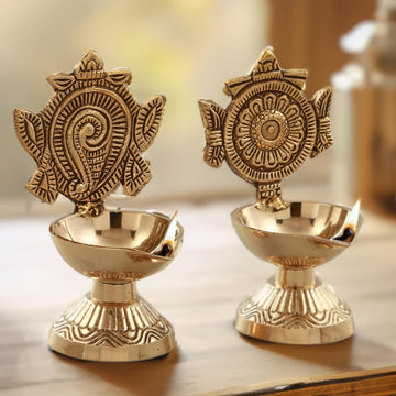 Brass Shankh & Chakra Diya Set for Pooja | Traditional Oil Lamps (Set of 2), 430gms, 11cms Height, Gold Finish.