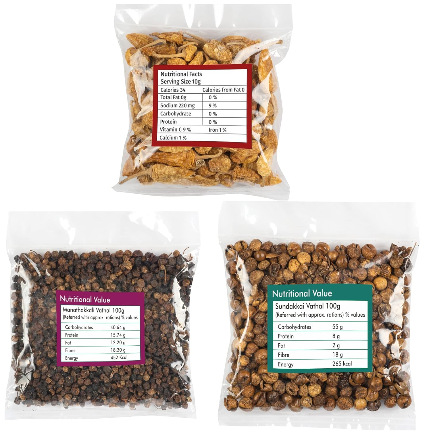 Traditional South Indian Sun-Dried Combo | Premium Organic Mix of MorMilagai, Sundakkai Vathal & Manathakkali Vathal | 100g Each – Total 300g