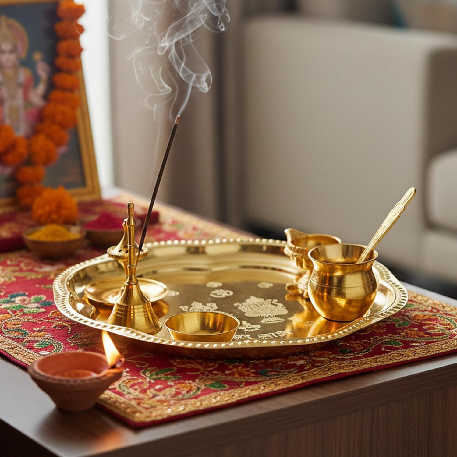 Premium Pooja Thali Set with Red Velvet Gift Box |7 Pieces Pooja Thali Set|Diwali, Wedding Return Gifts & Housewarming Gift Set,Ghanti Puja Arti Thali for Home Office Mandir (Gold)