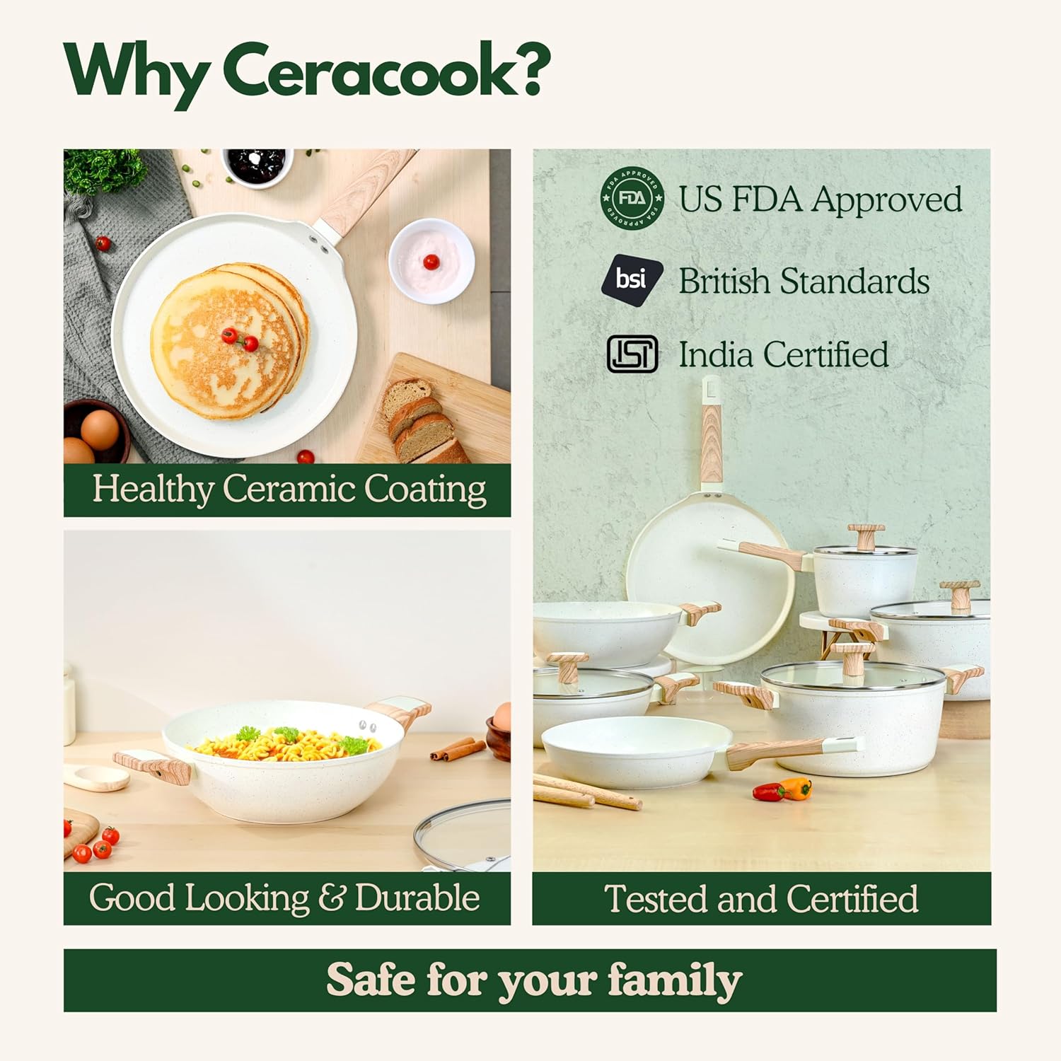 Ceracook Ceramic Coated Granite Cookware Gift Set Combo 7pcs with 2X Spatulas, ISI Certified, Forged Aluminium, Gas & Induction Use, Non Toxic PFAS & PTFE Free, 1 Year Warranty, Ivory