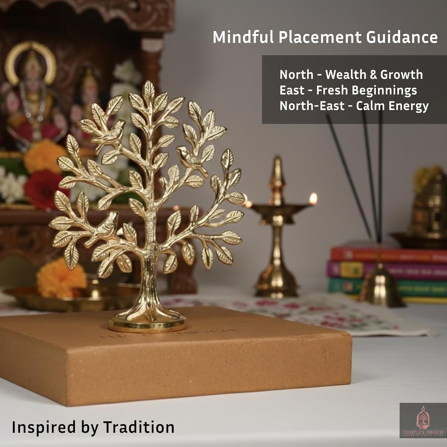 100% Pure Brass Kalpavriksha Tree with Birds | House Warming Gifts | Brass Decoration Items for Home | (6 Inch) Tree of Life Showpiece with Vastu Guide for Home, Office & Puja Decor