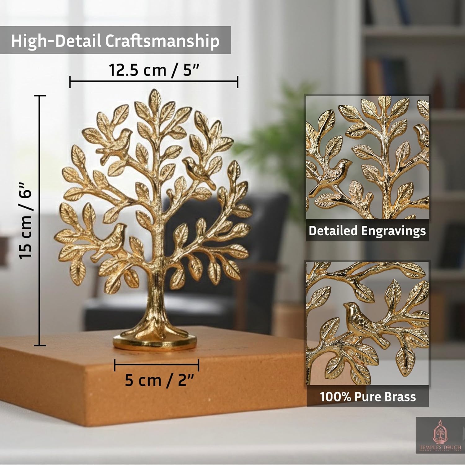 100% Pure Brass Kalpavriksha Tree with Birds | House Warming Gifts | Brass Decoration Items for Home | (6 Inch) Tree of Life Showpiece with Vastu Guide for Home, Office & Puja Decor