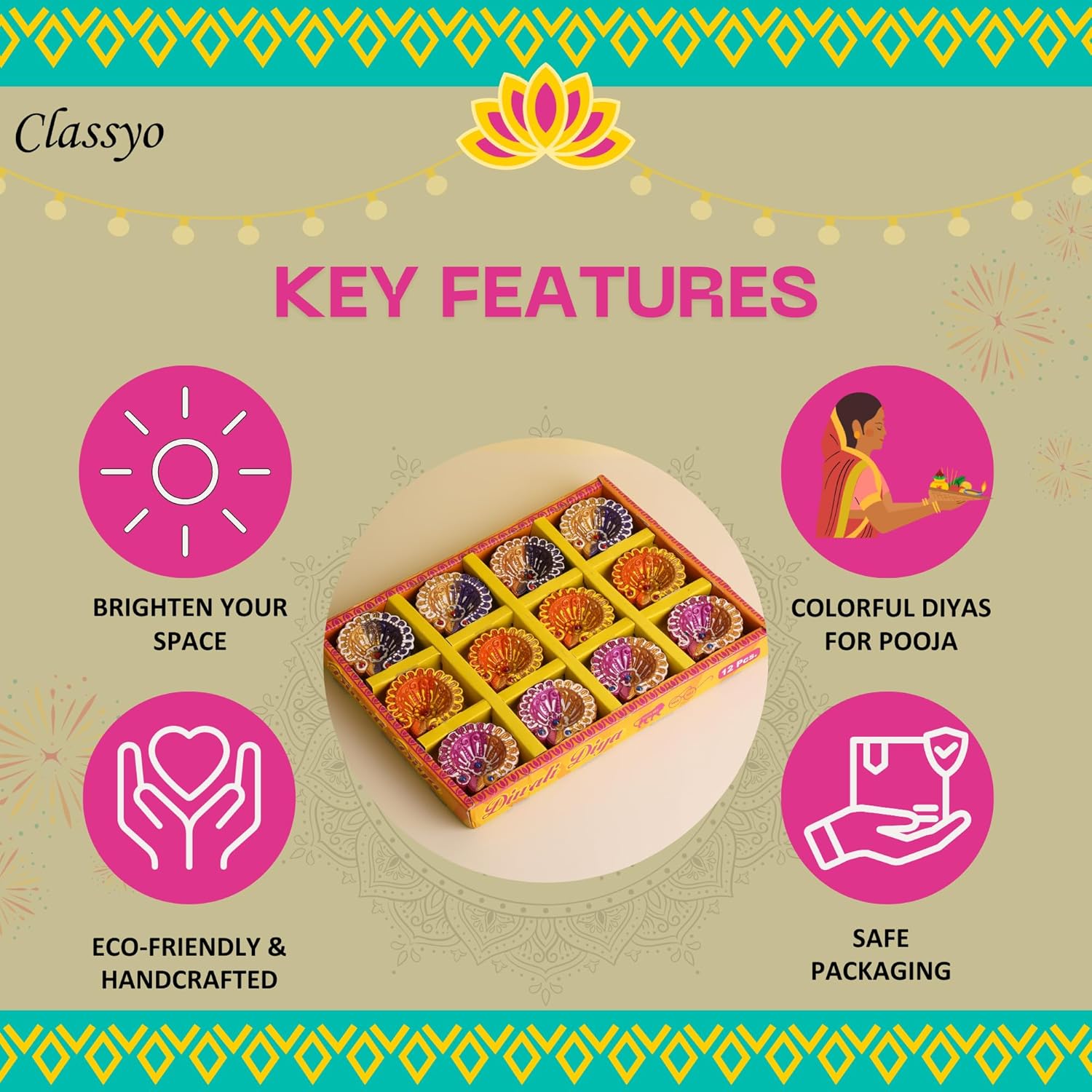 Handmade Clay Diyas for Puja - Colourful Diyas for Diwali Decoration, Hand Painted Diwali Diya & Festive Celebrations (Set of 12)