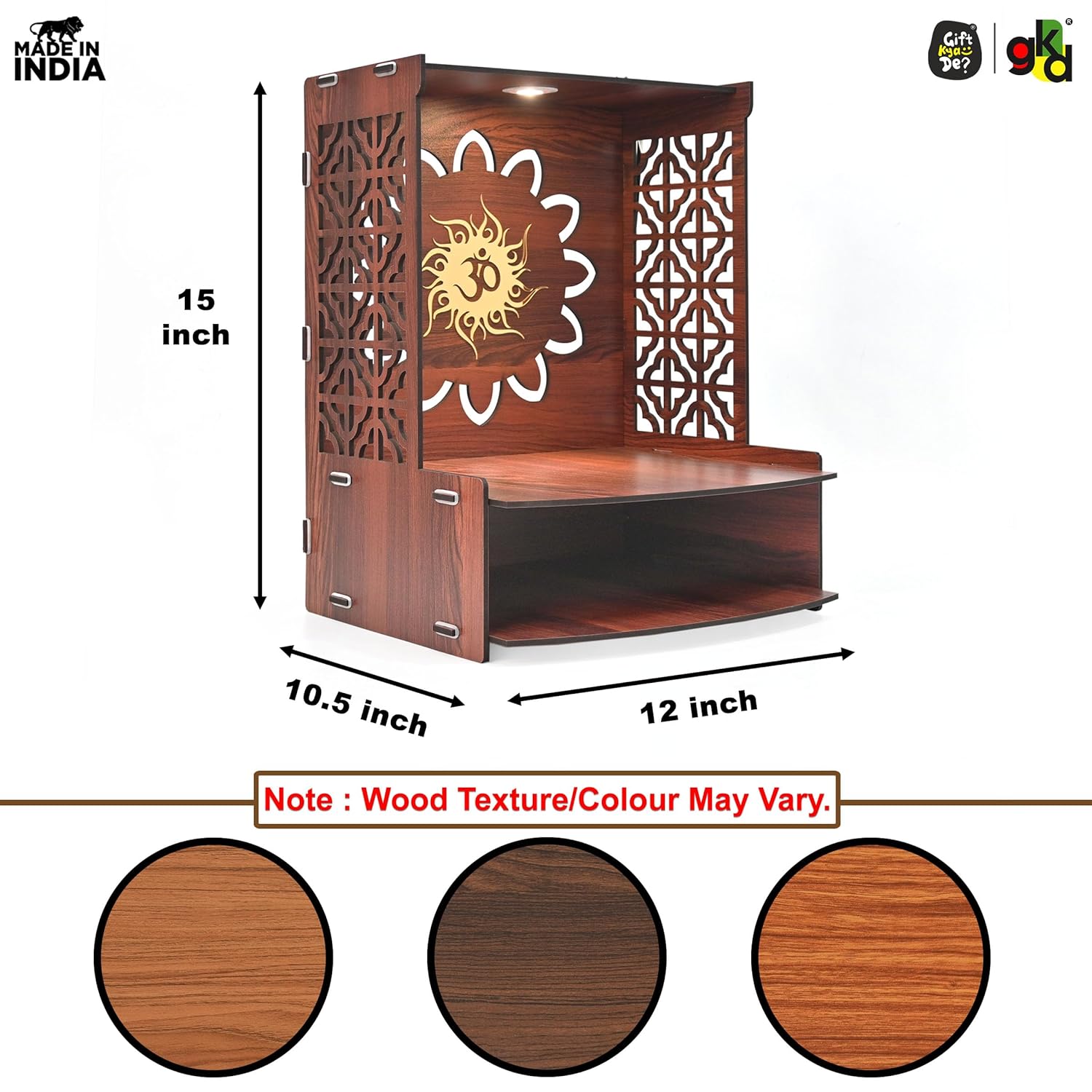 Wooden Temple for Home | Pooja Mandir with LED Light, Drawer & Shelves | Wall Mounted or Tabletop Mandir with OM Logo (DIY - H-15 x L-12 x W-10.5 Inch)