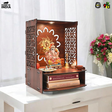 Wooden Temple for Home | Pooja Mandir with LED Light, Drawer & Shelves | Wall Mounted or Tabletop Mandir with OM Logo (DIY - H-15 x L-12 x W-10.5 Inch)