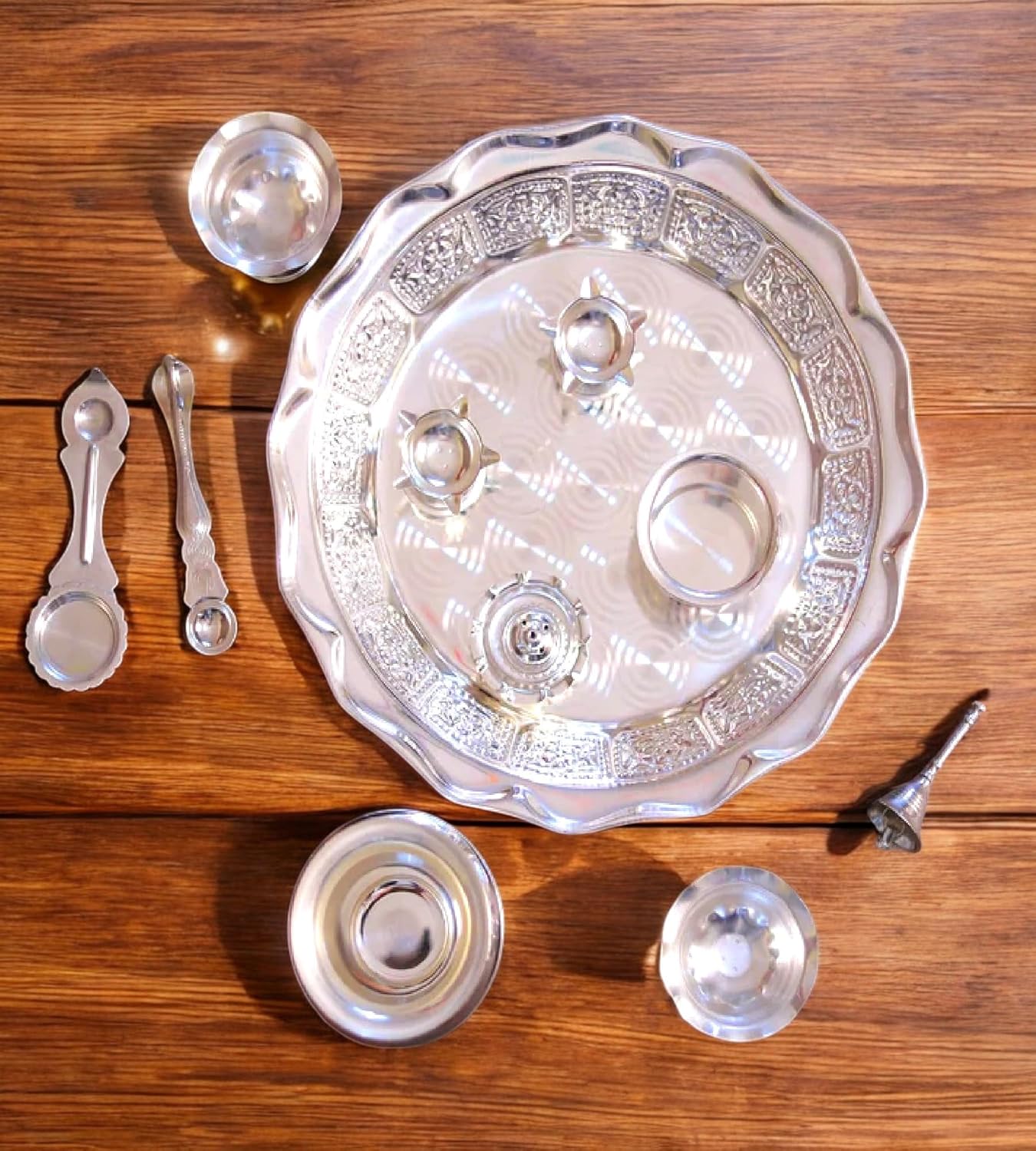 Silver Plated Pooja Thali Arthi Set for Home & Temple Pooja Festivals K4578