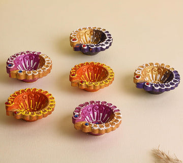 Handmade Clay Diyas for Puja - Colourful Diyas for Diwali Decoration, Hand Painted Diwali Diya & Festive Celebrations (Set of 12)