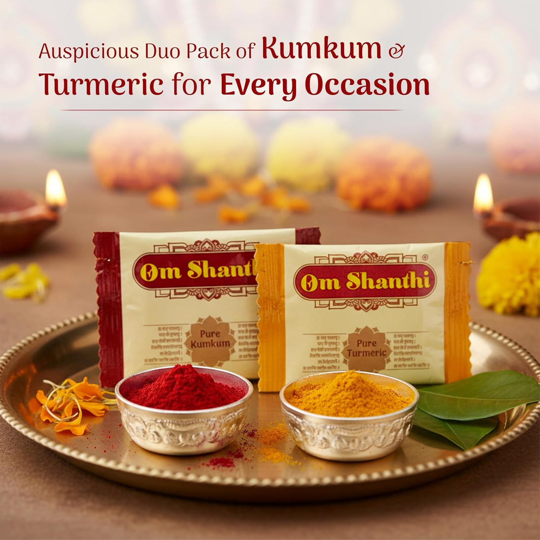 POOJA MADE PURE Cycle Pure Om Shanthi Haldi Kumkum Return Gifts (100 pcs)|For Wedding, Religious Ceremonies & Pooja Occasions|Tambula Pouch Kumkum & Turmeric|Pack of 2, 50 each