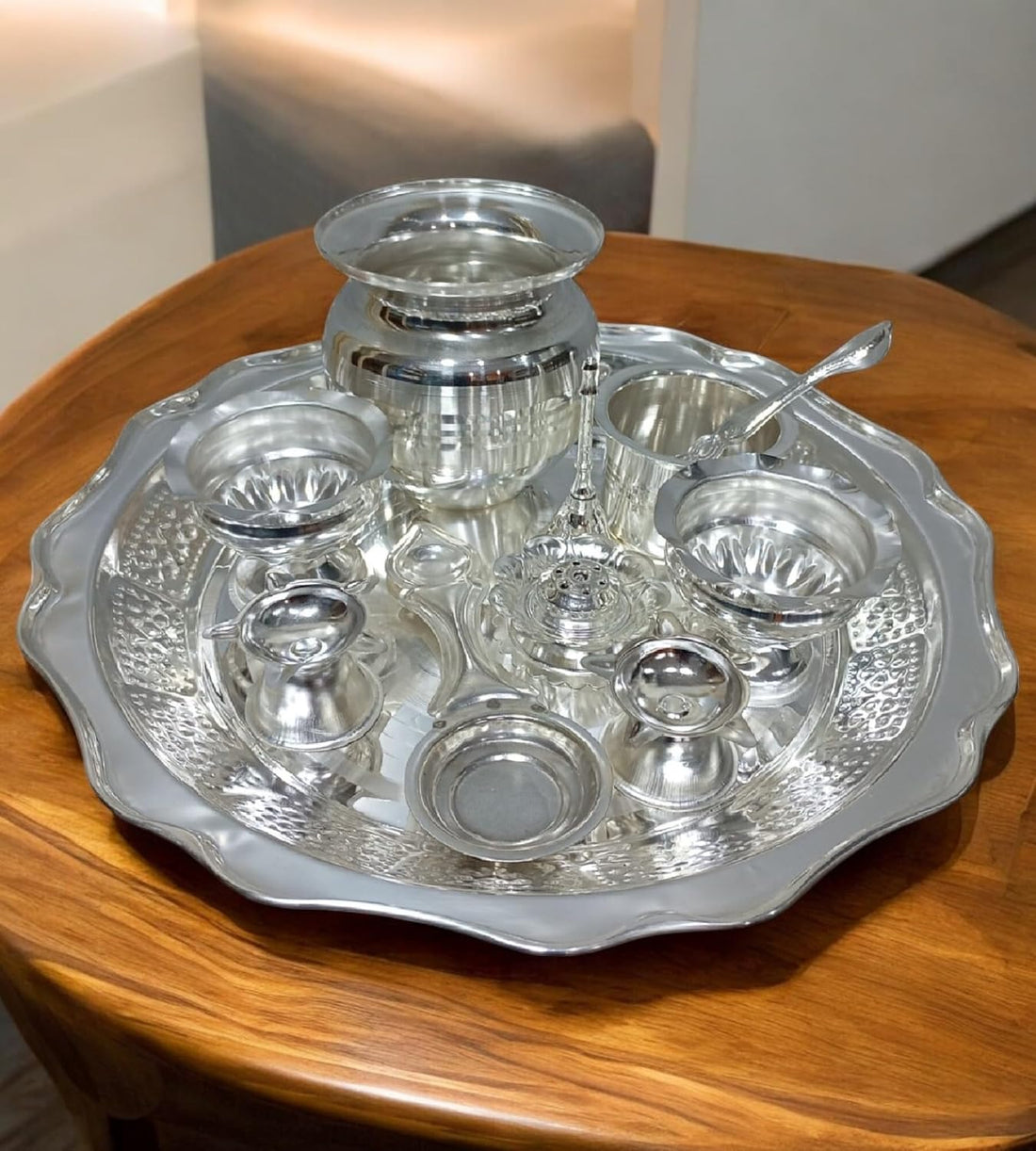 Silver Plated Pooja Thali Arthi Set for Home & Temple Pooja Festivals K4578