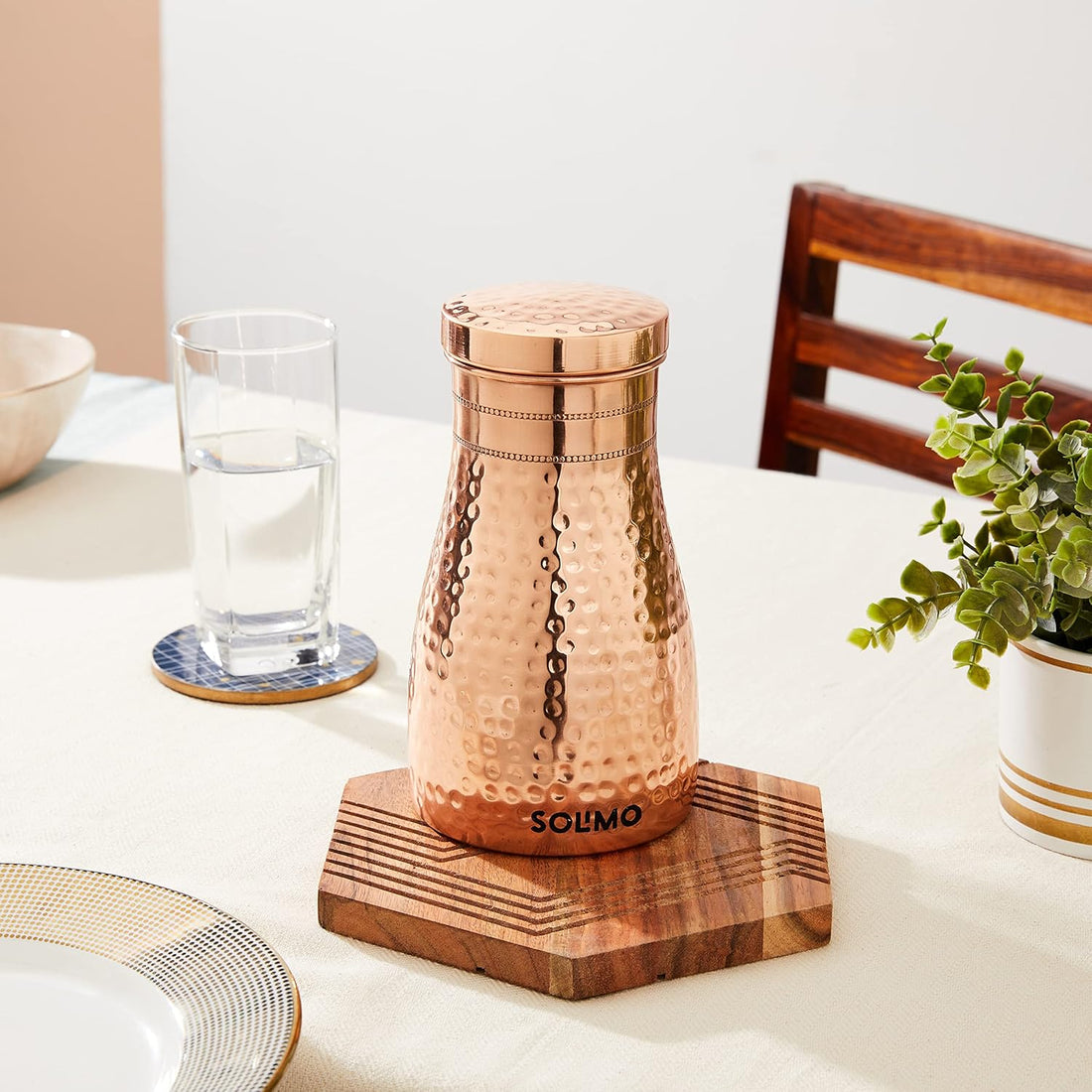 Copper Water Pot | Bedside Pot with Glass | Hammered Finish |950 ml