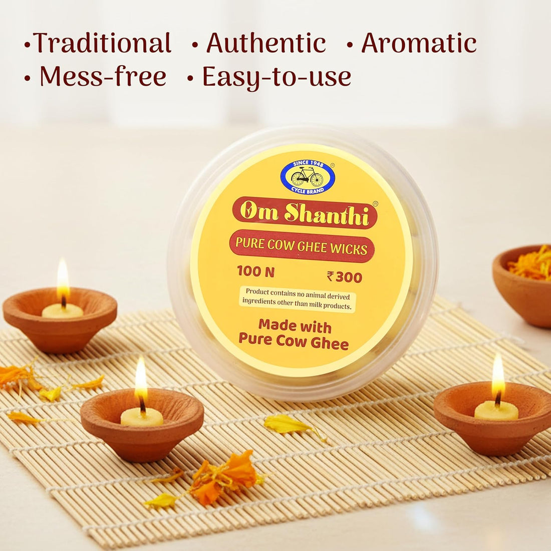 Pure Om Shanthi Pure Cow Ghee Wicks – 100N | Ready-to-Light Diya Battis | Wax-Free, Long-Lasting, Easy to Use | for Daily Puja, Aarti & Festivals