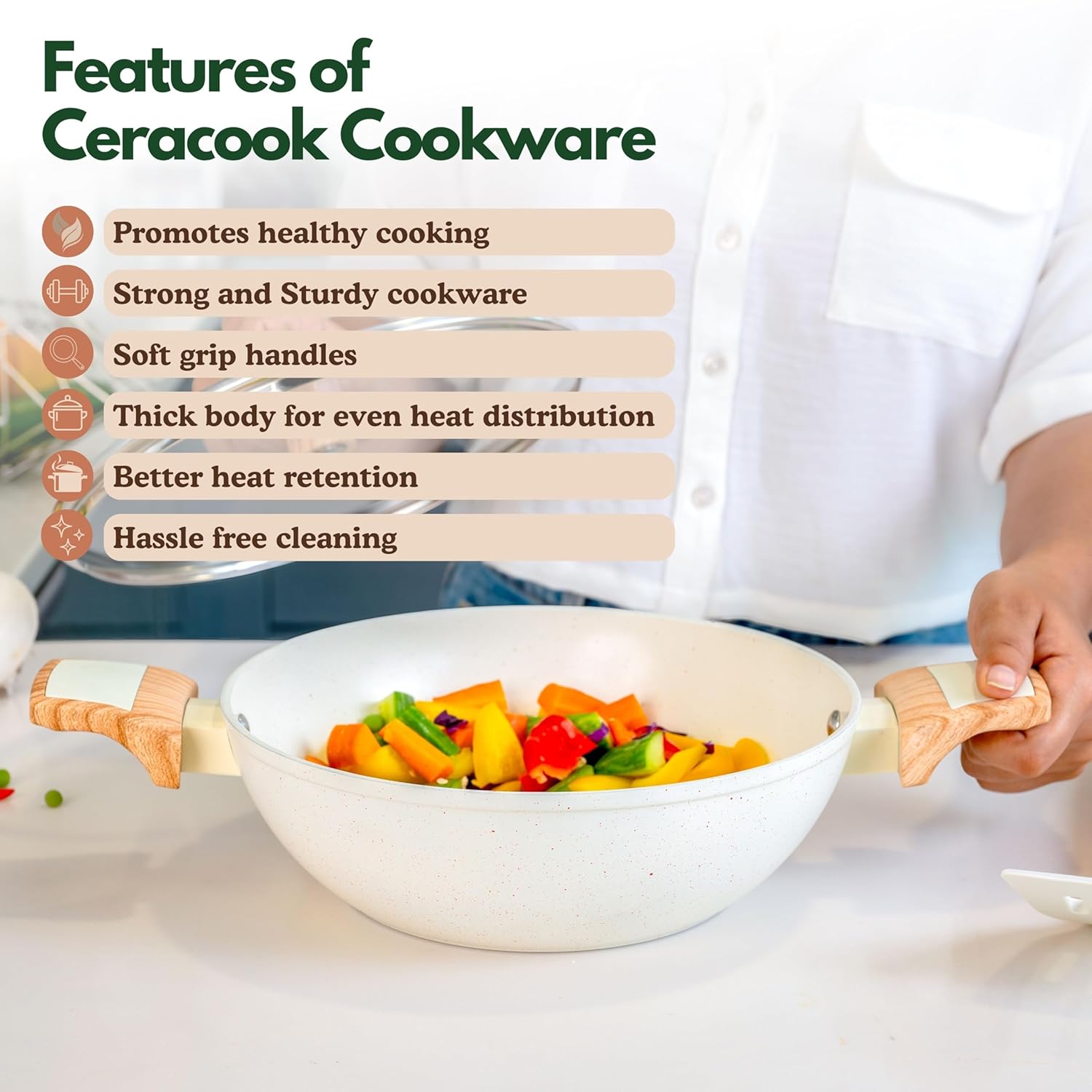 Ceracook Ceramic Coated Granite Cookware Gift Set Combo 7pcs with 2X Spatulas, ISI Certified, Forged Aluminium, Gas & Induction Use, Non Toxic PFAS & PTFE Free, 1 Year Warranty, Ivory