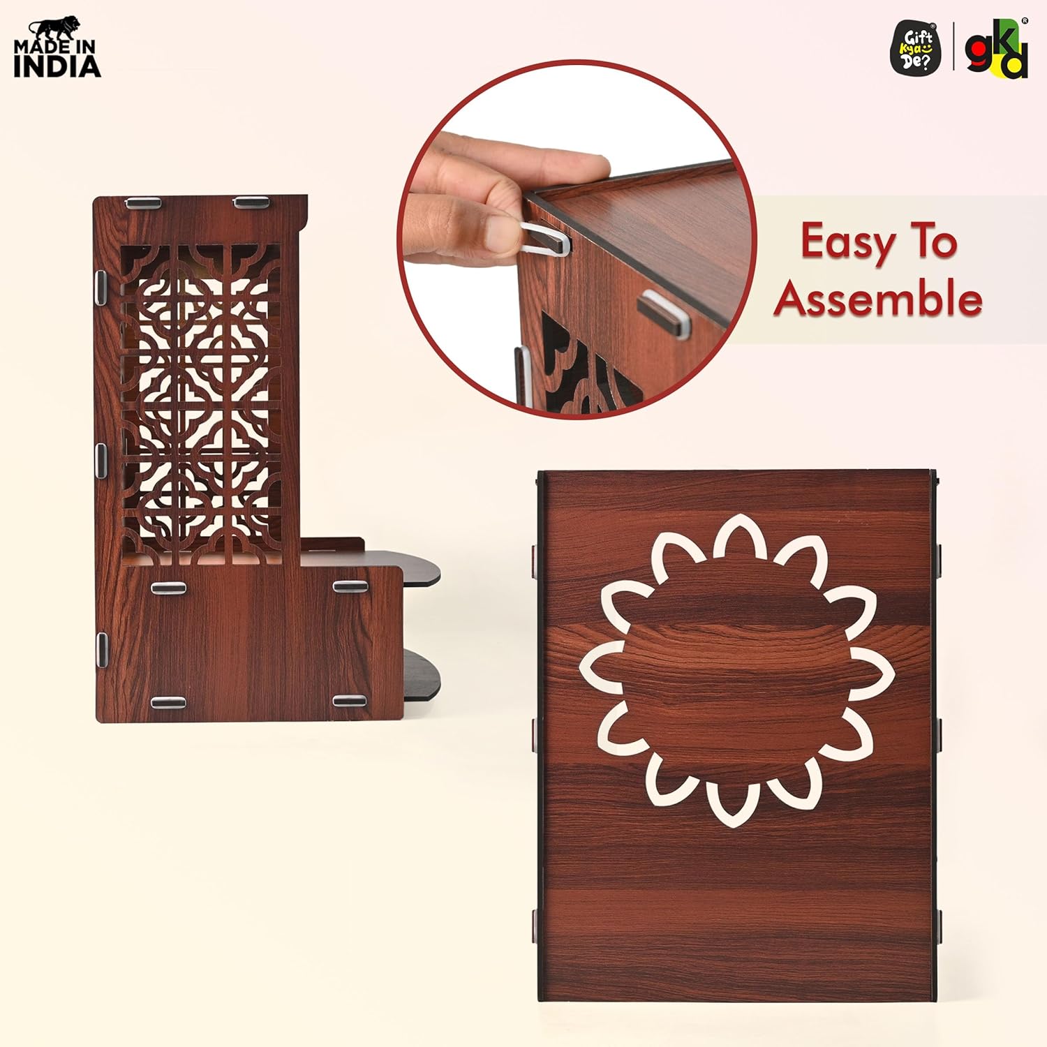 Wooden Temple for Home | Pooja Mandir with LED Light, Drawer & Shelves | Wall Mounted or Tabletop Mandir with OM Logo (DIY - H-15 x L-12 x W-10.5 Inch)