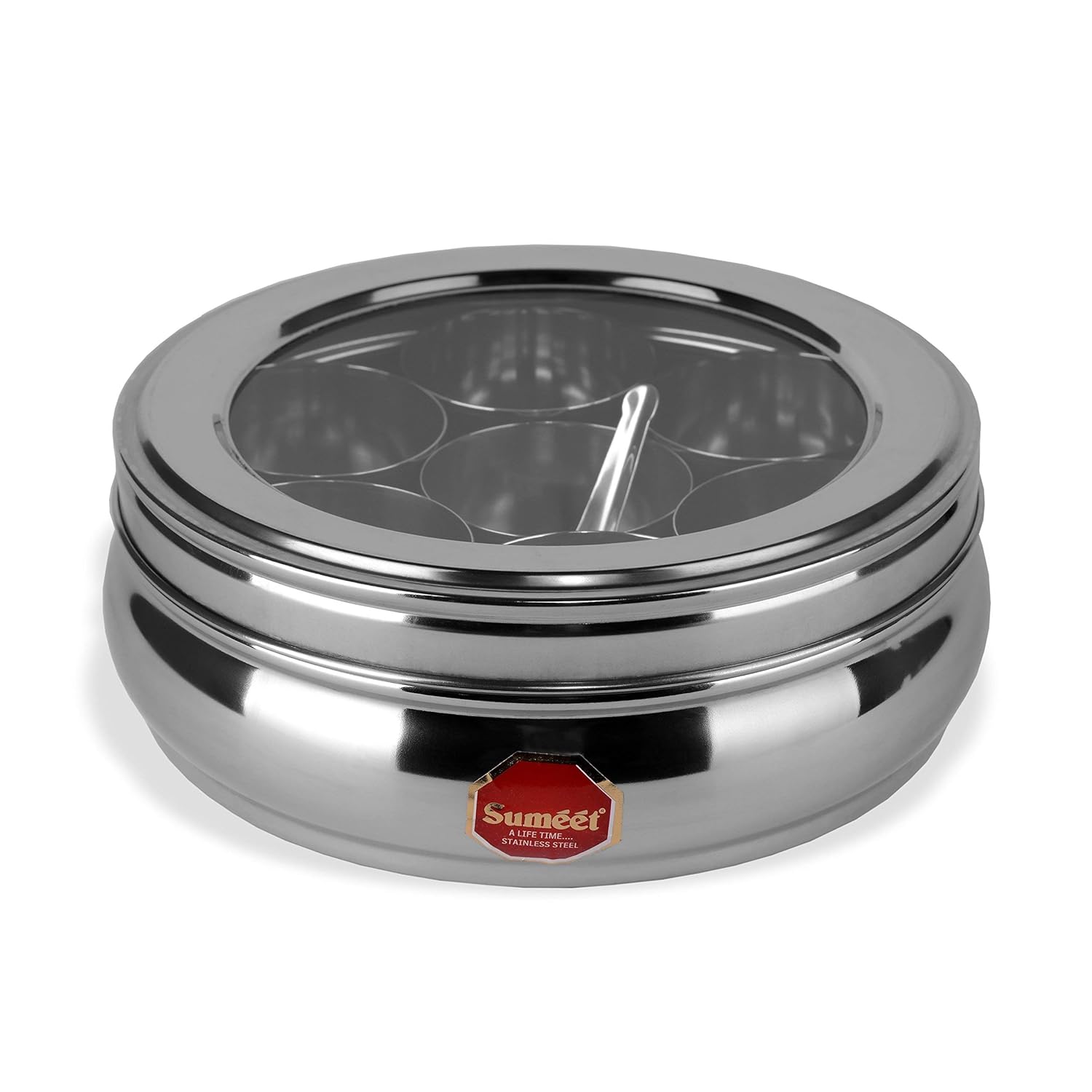 Stainless Steel Belly Shape Masala (Spice) Box/Dabba/Organiser With See Through Lid With 7 Containers And Small Spoon (Medium) Beige