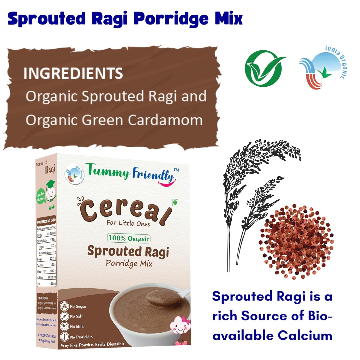 Foods Certified Organic Sprouted Ragi Powder for Babies, kids. Rich in Calcium, Iron, Fibre & Micro-Nutrients. Sprouted Ragi for baby. Sari Nachani Satva. No Sugar, No Salt, No Milk, No Chemicals, No Pesticides. Shelf Life 6 Month | 200g, ONE PACK