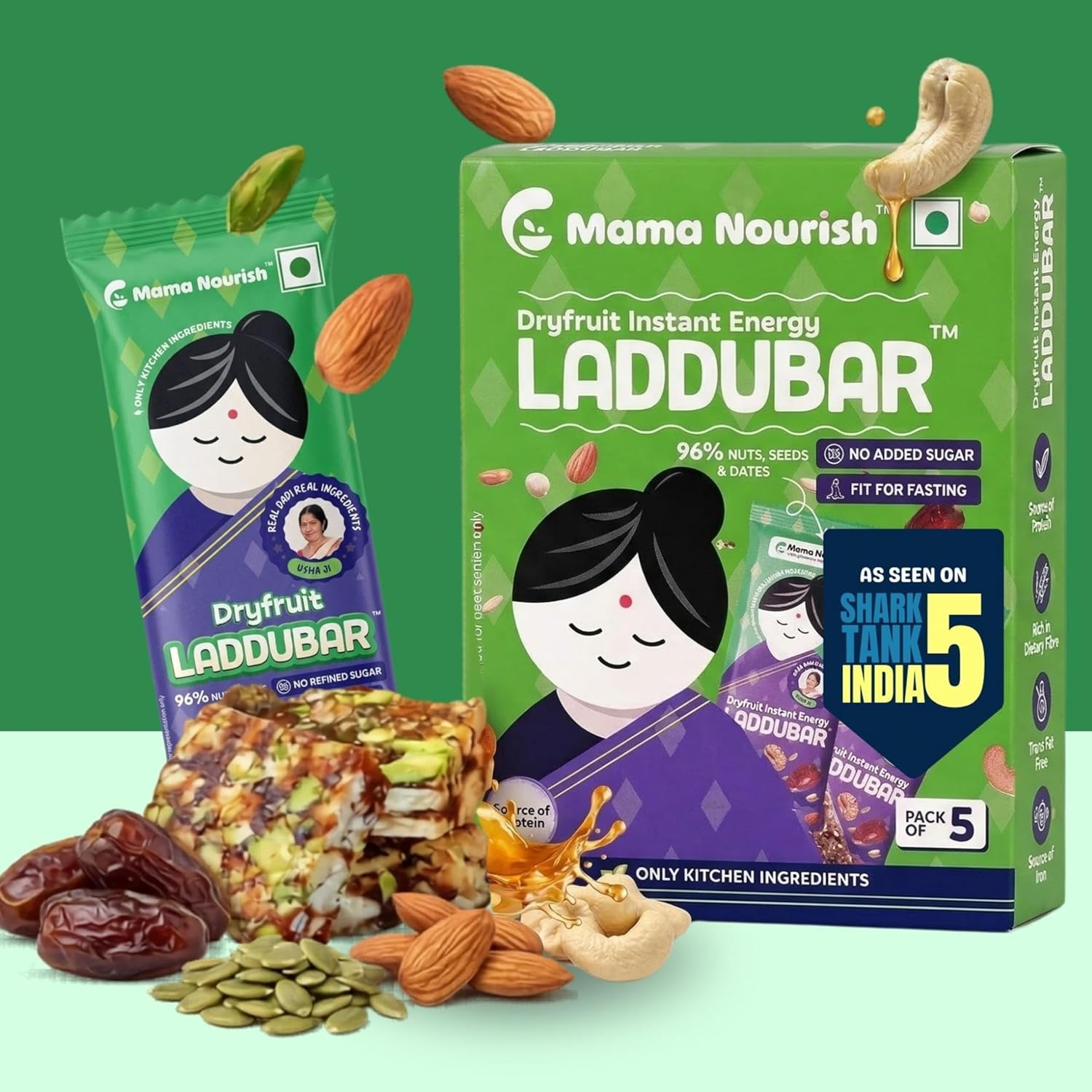 LADDUBAR Dryfruit Energy Bars | 10% Protein | 96% Dryfruits & Dates | Gluten Free | No Refined Sugar | Fasting Friendly | Mama Nourish | Pack of 1(5 Bars x 35g) | As Seen on Shark Tank India