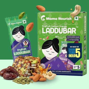 LADDUBAR Dryfruit Energy Bars | 10% Protein | 96% Dryfruits & Dates | Gluten Free | No Refined Sugar | Fasting Friendly | Mama Nourish | Pack of 1(5 Bars x 35g) | As Seen on Shark Tank India
