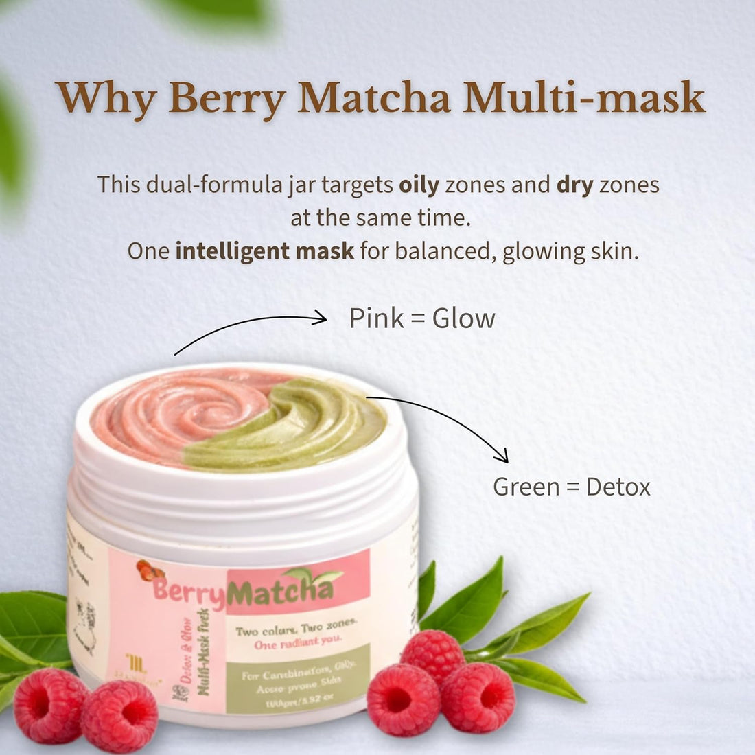 Organics BerryMatcha Detox & Glow Multi-Mask | 2-in-1 Face Pack for Oily & Dry Zones | Matcha + Strawberry | Pore Detox, Hydration & Brightening | Ayurvedic, Teen & Pregnancy-Safe - 100g