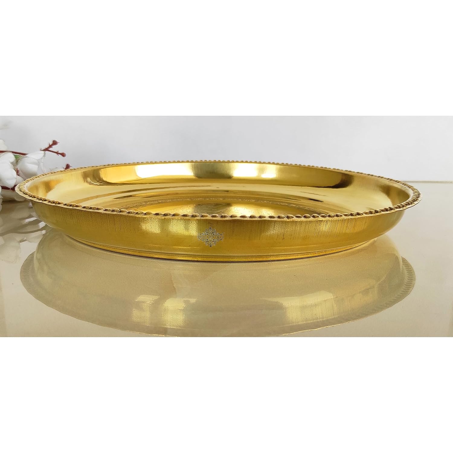 Brass Puja Thali with Swastik Flower Engraved Design, Handcrafted Pooja, Arti Plate Set for Diwali, Wedding, and Home Puja, Ceremony, Diameter- 12 inch