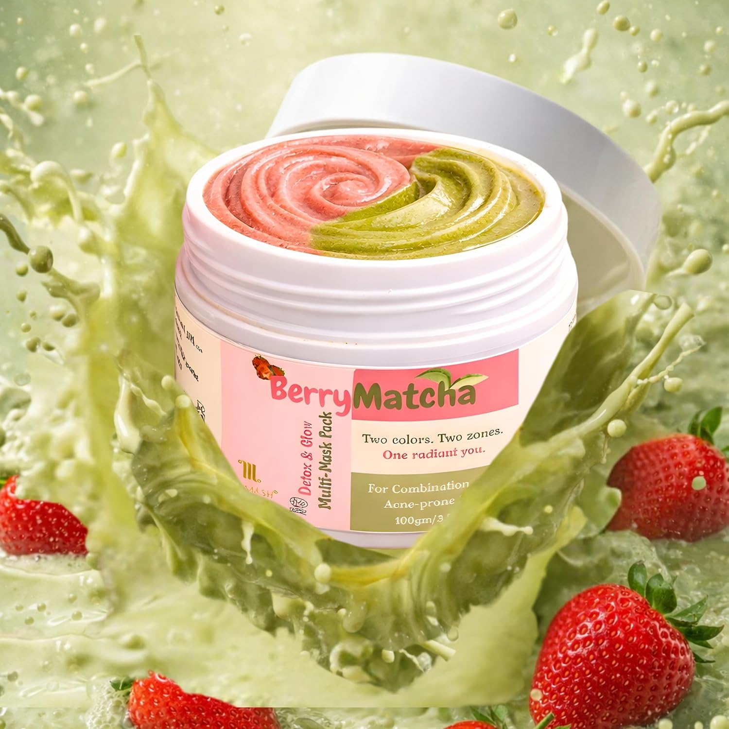 Organics BerryMatcha Detox & Glow Multi-Mask | 2-in-1 Face Pack for Oily & Dry Zones | Matcha + Strawberry | Pore Detox, Hydration & Brightening | Ayurvedic, Teen & Pregnancy-Safe - 100g