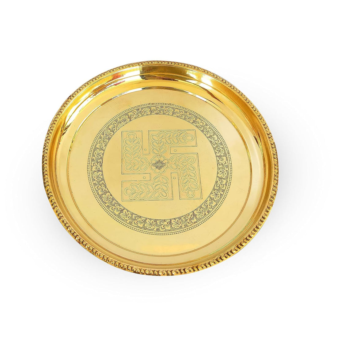 Brass Puja Thali with Swastik Flower Engraved Design, Handcrafted Pooja, Arti Plate Set for Diwali, Wedding, and Home Puja, Ceremony, Diameter- 12 inch