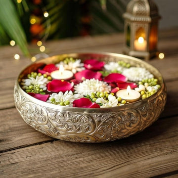 Golden Aluminium Chitai Design 10" inch Urli | Navratri Durga Puja Indoor Outdoor Center Table Flower Decorative Bowl | Urali for Haldi, Mehandi, Wedding & Home Decor, Brass Finish 1Pc, 2000 ml
