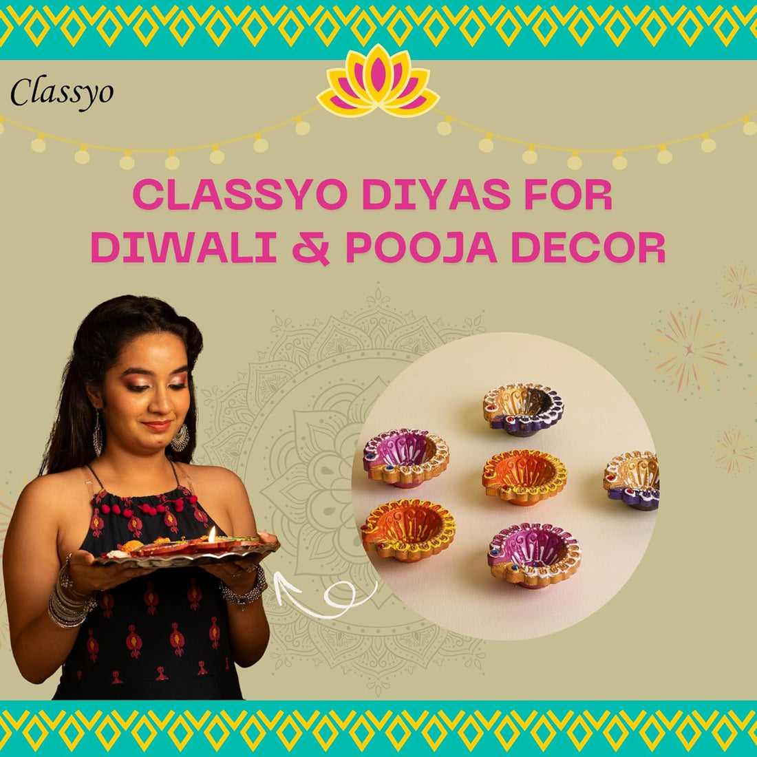 Handmade Clay Diyas for Puja - Colourful Diyas for Diwali Decoration, Hand Painted Diwali Diya & Festive Celebrations (Set of 12)