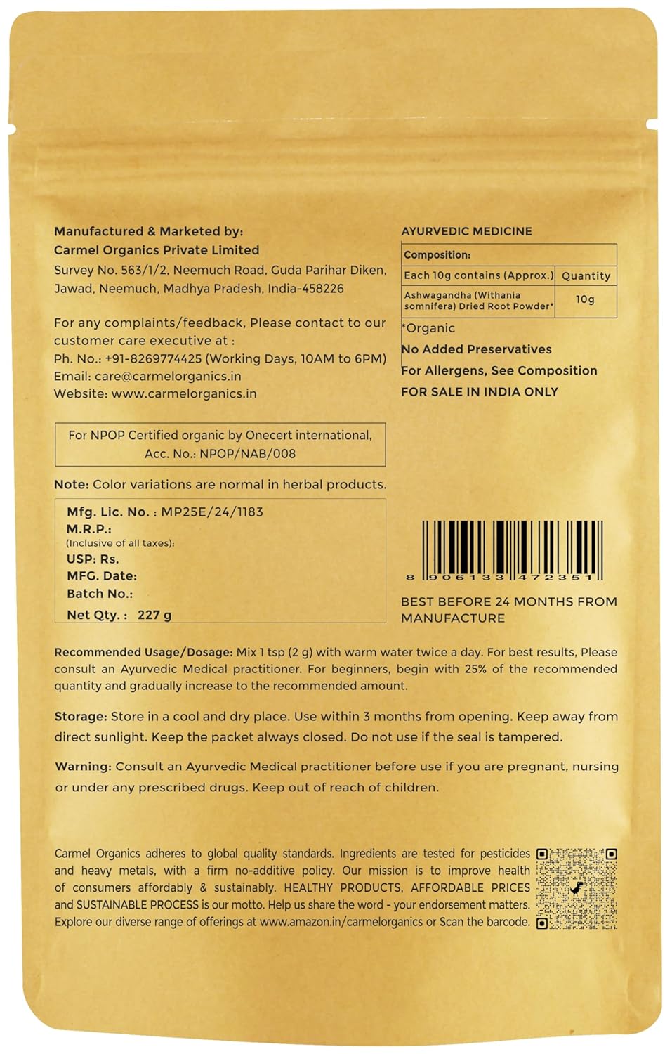 Ashwagandha Root Powder (227 Grams)|Jaivik Bharat Certified|Pure|Natural|Helps Fight Anxiety & Stress|Ashwagandha Podi/Amukkara Kizhangu/Asvagandha Churna