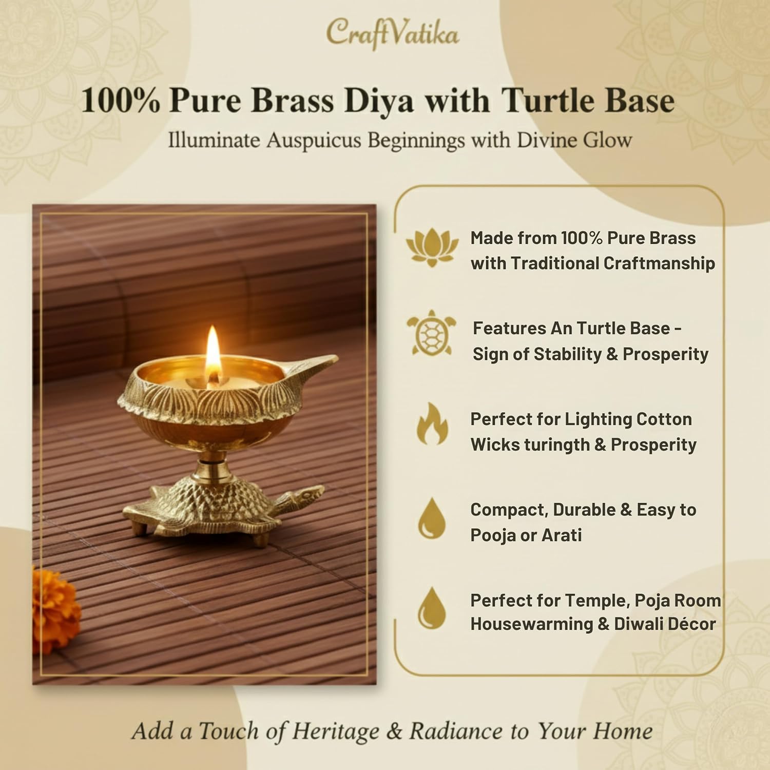 Brass Diya Oil Puja Lamp Engraved Design Dia with Turtle Base for Home Temple Pooja Articles Decor Gifts (1Pcs).