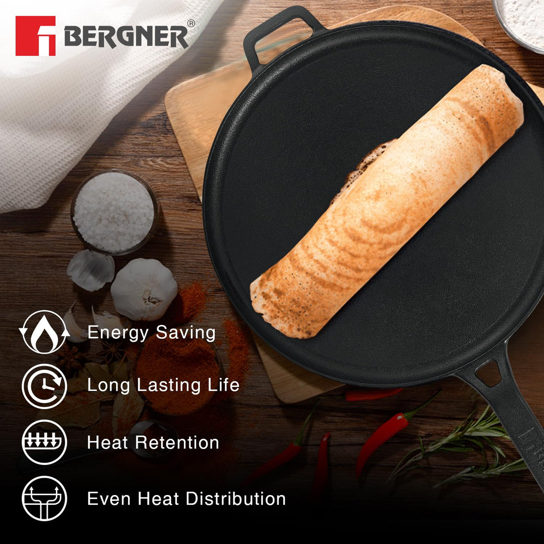 Eco Cast Iron 28cm Dosa Tawa, for Healthy Cooking, Pre-Seasoned, Even Heat Distributor, Retains Heat to Enhance Flavor, Durable, Comes with Silicone Sleeve, Induction Bottom, Gas Stove Ready