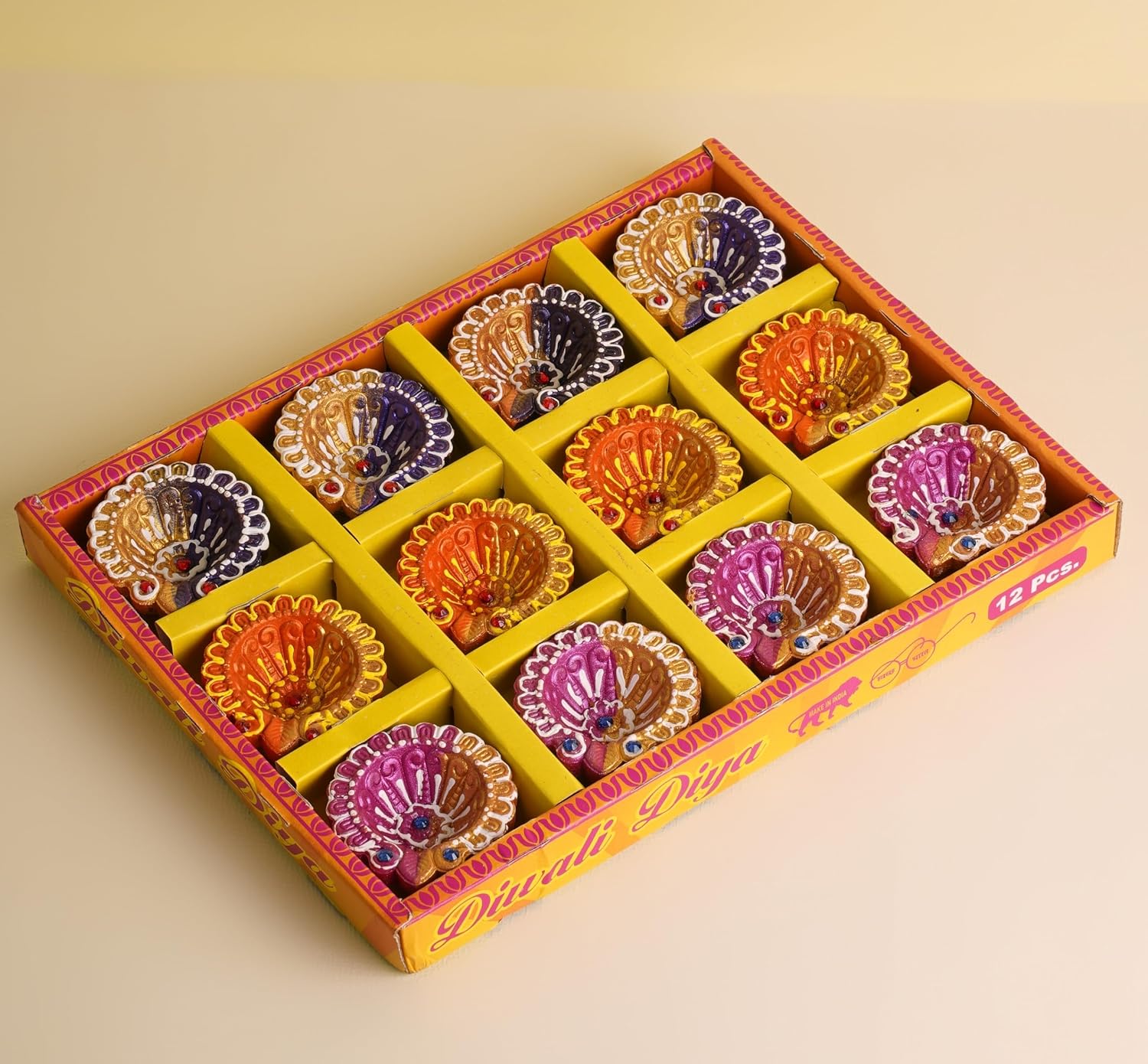 Handmade Clay Diyas for Puja - Colourful Diyas for Diwali Decoration, Hand Painted Diwali Diya & Festive Celebrations (Set of 12)