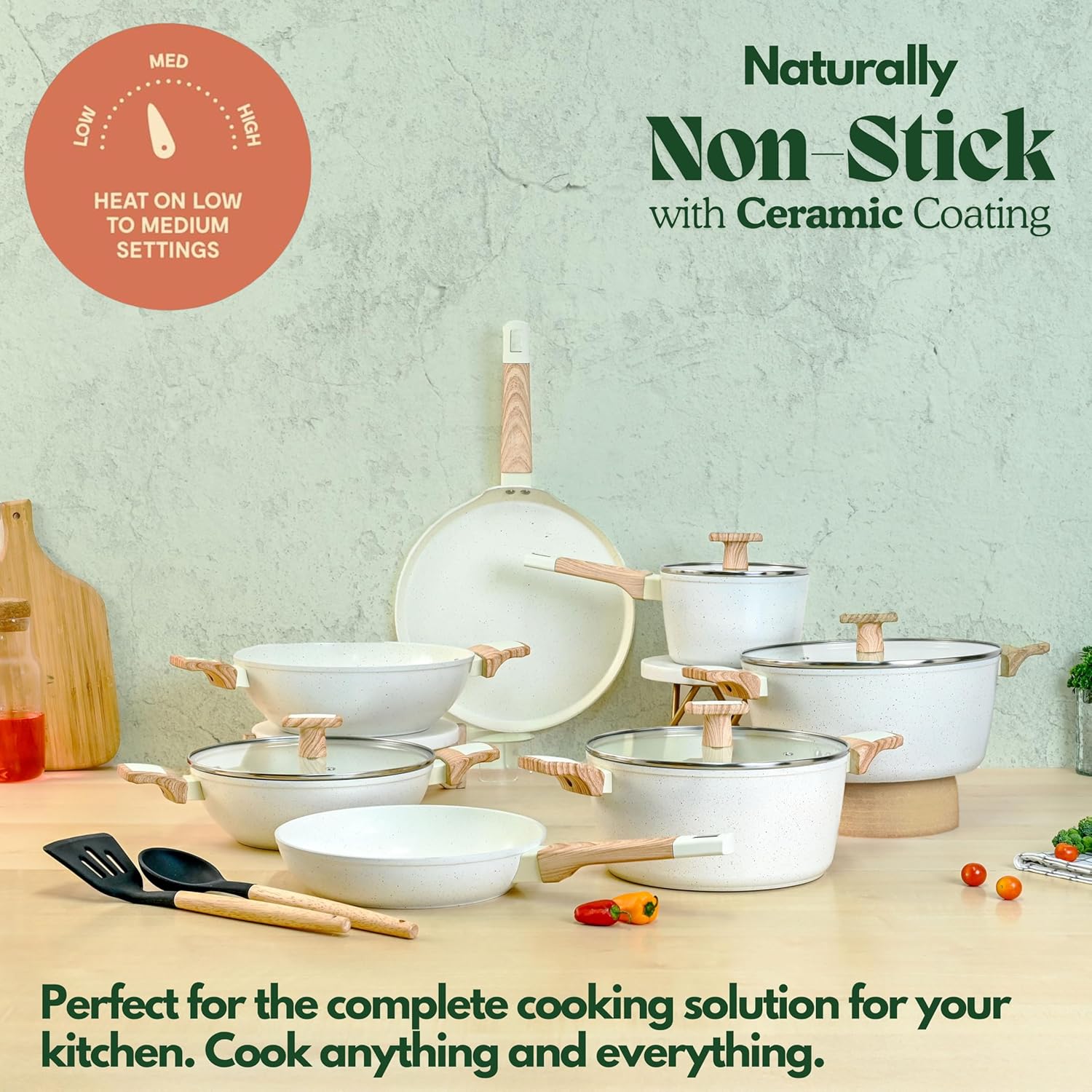 Ceracook Ceramic Coated Granite Cookware Gift Set Combo 7pcs with 2X Spatulas, ISI Certified, Forged Aluminium, Gas & Induction Use, Non Toxic PFAS & PTFE Free, 1 Year Warranty, Ivory