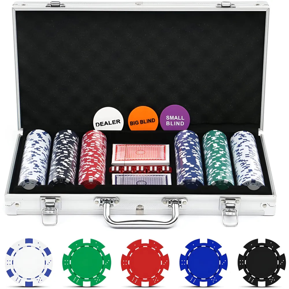 Toyshine Casino Style Poker Chips Set with Aluminum Finish Case, 2 Decks of Cards, 5 Dice, 1 Dealer Button - 300 Chip set