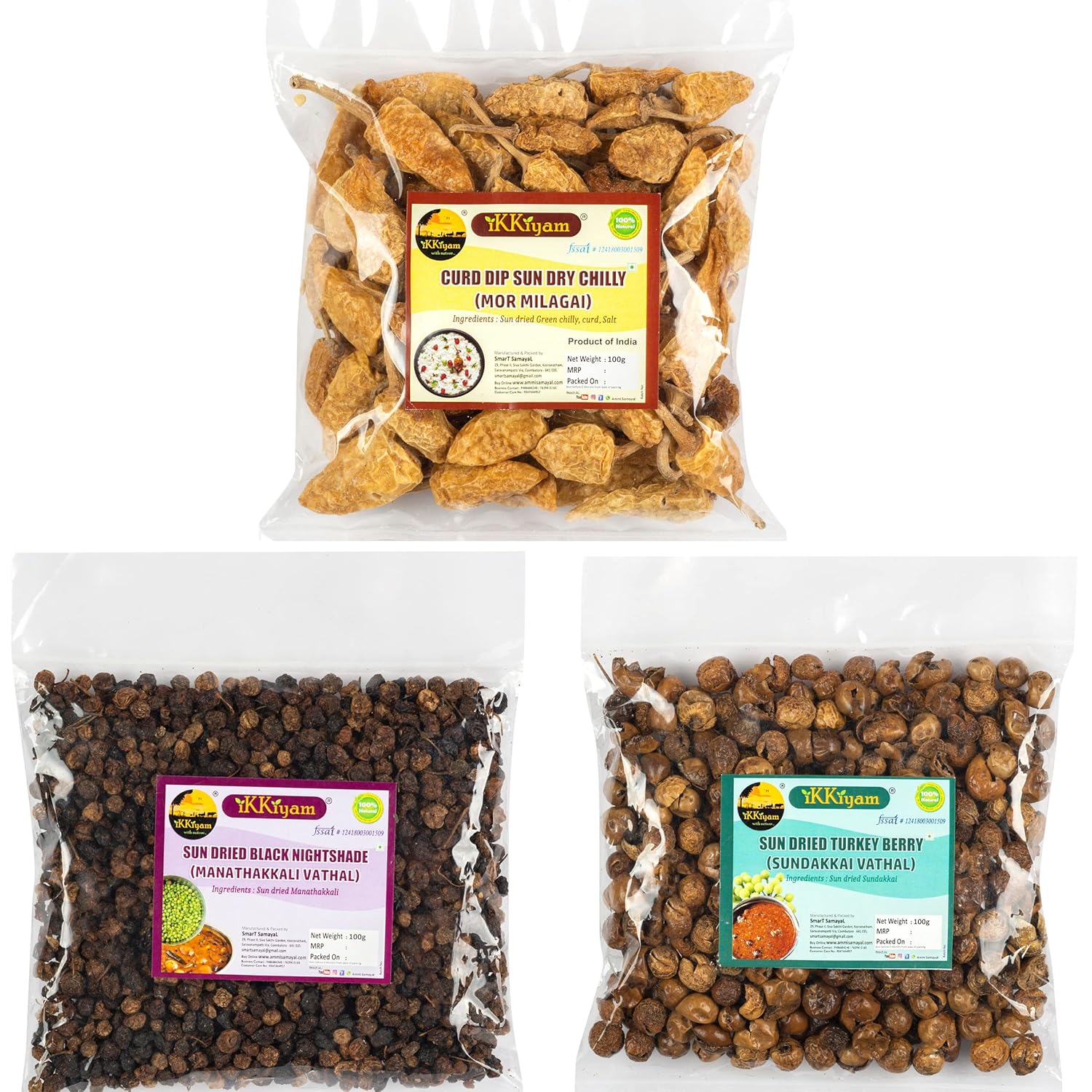 Traditional South Indian Sun-Dried Combo | Premium Organic Mix of MorMilagai, Sundakkai Vathal & Manathakkali Vathal | 100g Each – Total 300g