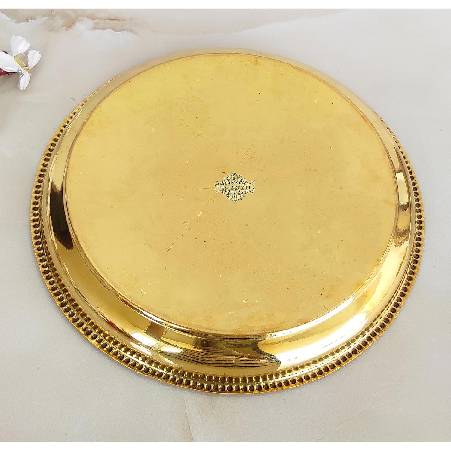 Brass Puja Thali with Swastik Flower Engraved Design, Handcrafted Pooja, Arti Plate Set for Diwali, Wedding, and Home Puja, Ceremony, Diameter- 12 inch