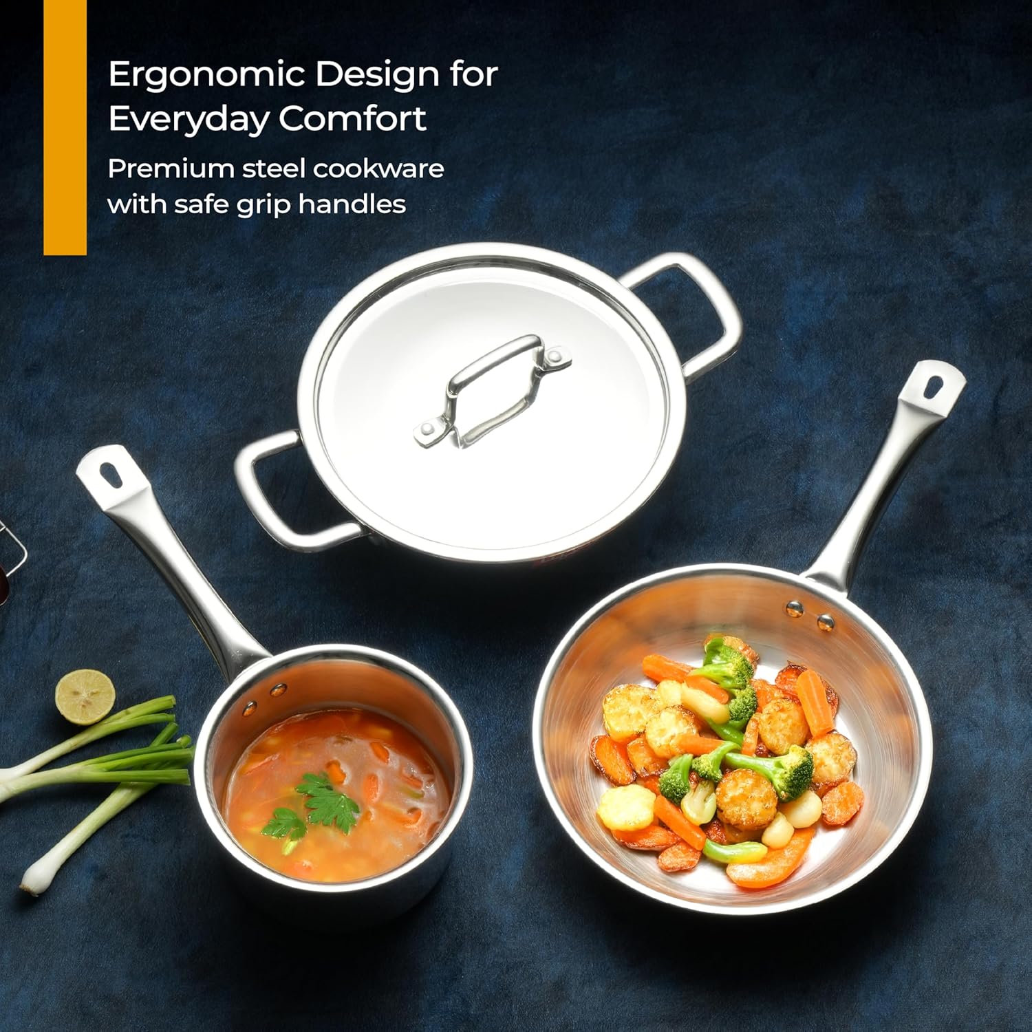 Triply 5 piece cookware set|Triply Kadai, Frypan, Saucepan & Tadka Pan for Cooking | 20cm Kadai (1.7L)& Fry Pan (1.2L) 20cm| 14cm Saucepan (1.2L) & Tadka Pan 10 Cm with Common Lid (LLTPDK009)|Induction and Gas Stove Compatible
