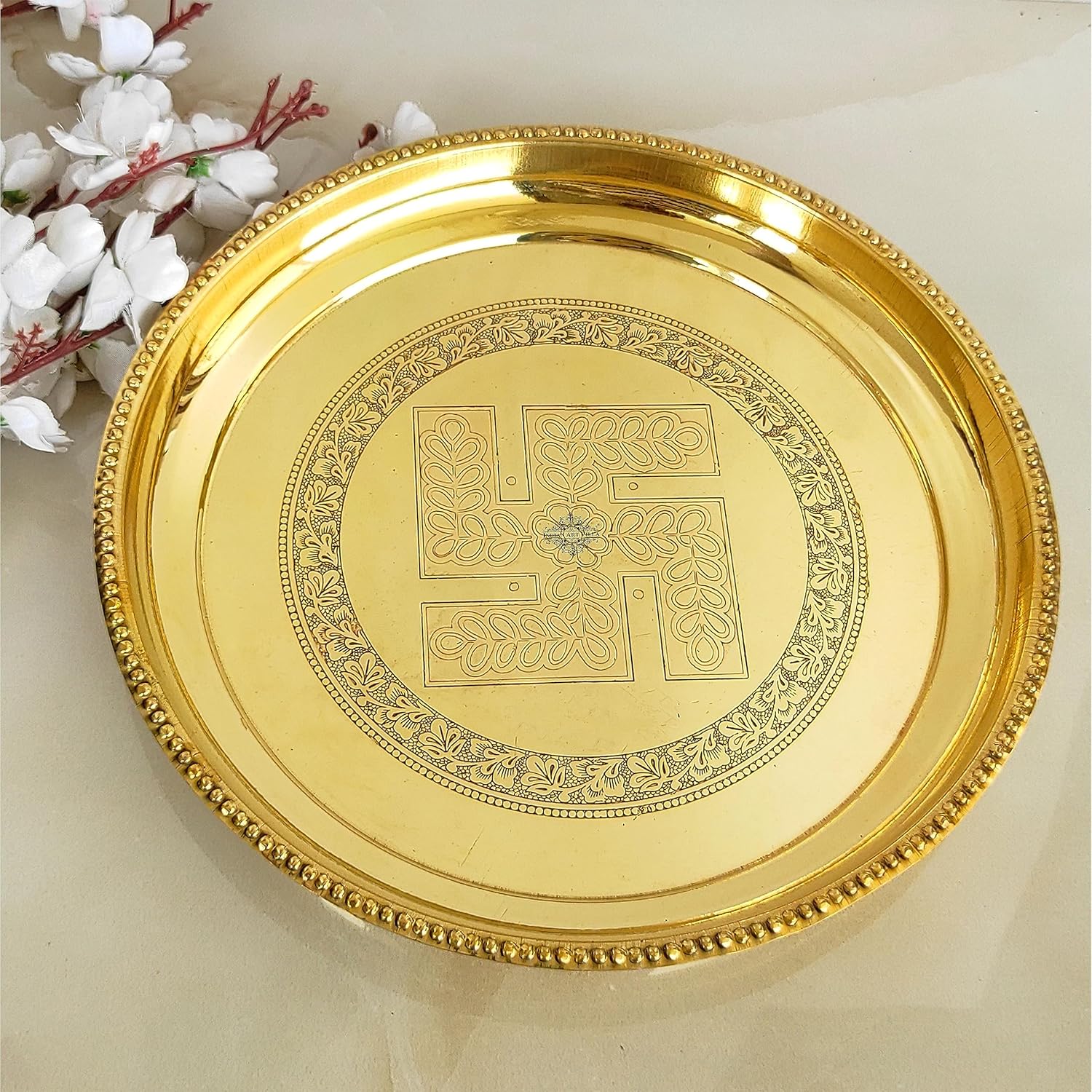 Brass Puja Thali with Swastik Flower Engraved Design, Handcrafted Pooja, Arti Plate Set for Diwali, Wedding, and Home Puja, Ceremony, Diameter- 12 inch
