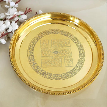 Brass Puja Thali with Swastik Flower Engraved Design, Handcrafted Pooja, Arti Plate Set for Diwali, Wedding, and Home Puja, Ceremony, Diameter- 12 inch