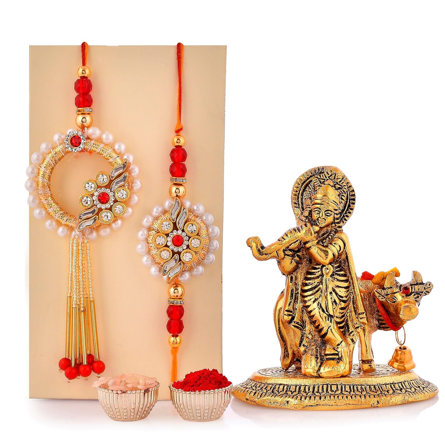 Rakhi Gift Combo for Brother Bhaiya and Bhabhi | Bhai Bhabhi Couple Rakhis Set of 2 | Rakhi with Premium Krishna Idol Gift for Brother | Kundan Lumba rakhis for Bhai Kids Women Girls