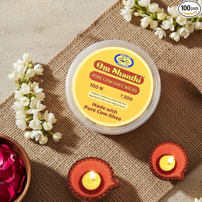 Pure Om Shanthi Pure Cow Ghee Wicks – 100N | Ready-to-Light Diya Battis | Wax-Free, Long-Lasting, Easy to Use | for Daily Puja, Aarti & Festivals