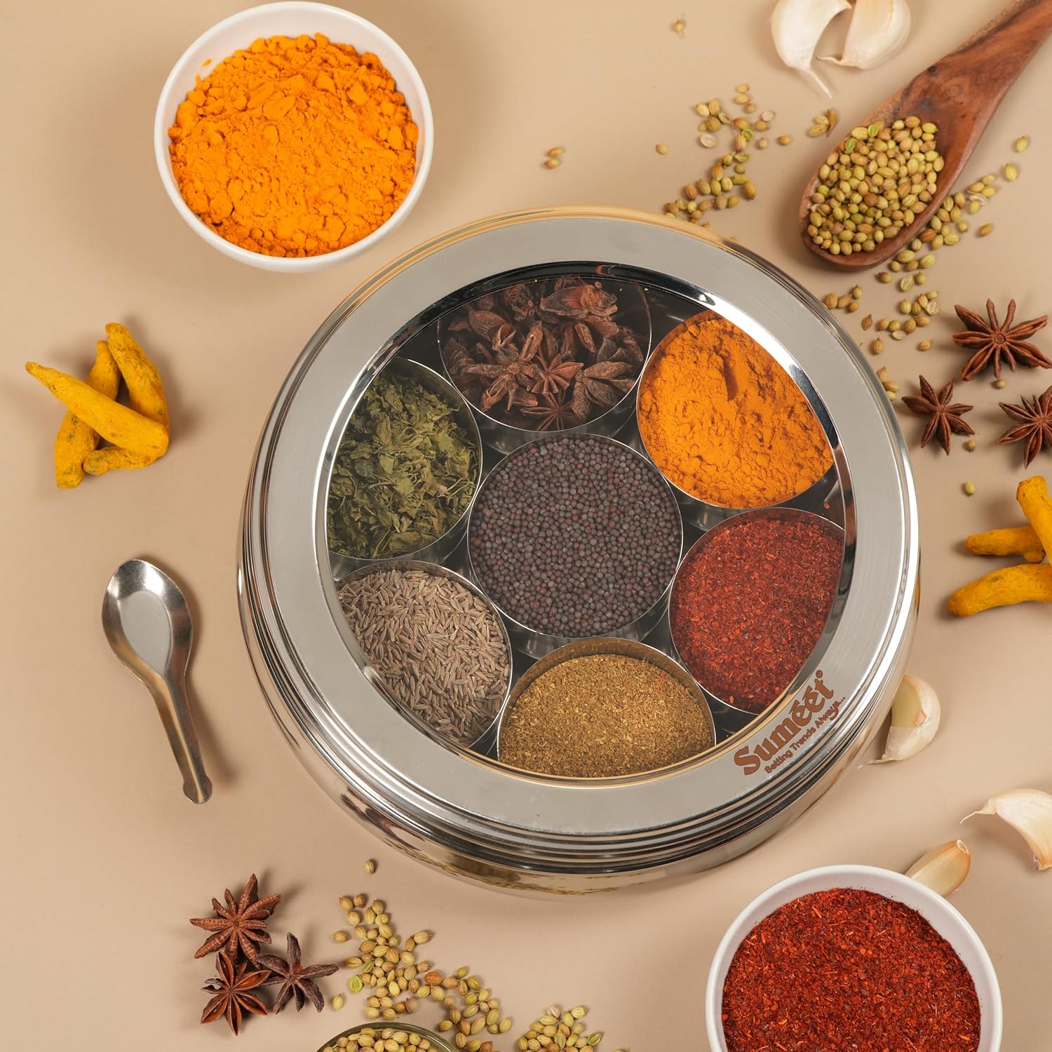 Stainless Steel Belly Shape Masala (Spice) Box/Dabba/Organiser With See Through Lid With 7 Containers And Small Spoon (Medium) Beige