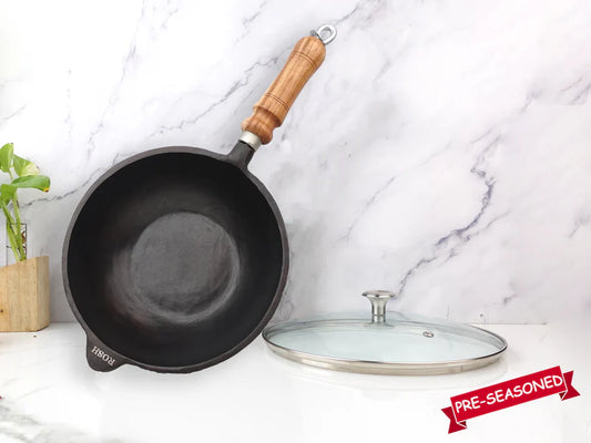 Cast Iron - Kadai - Flat Bottom - With Lid .