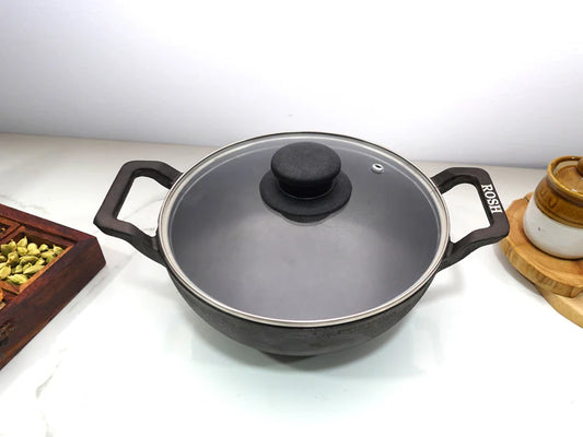 Deep Kadai Cast Iron - Non Grinded - 8 Inch Dia - With Lid.
