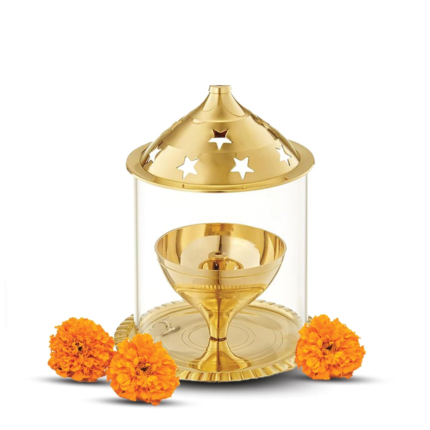 Shubhkart Nitya Akhand Jyot Aaradhya Brass Pooja Diya for Puja & Religious Rituals with Borosilicate Glass Cover for Home,Office & Temple | Traditional Gifting (6.8 Inch Height) - 251Gms