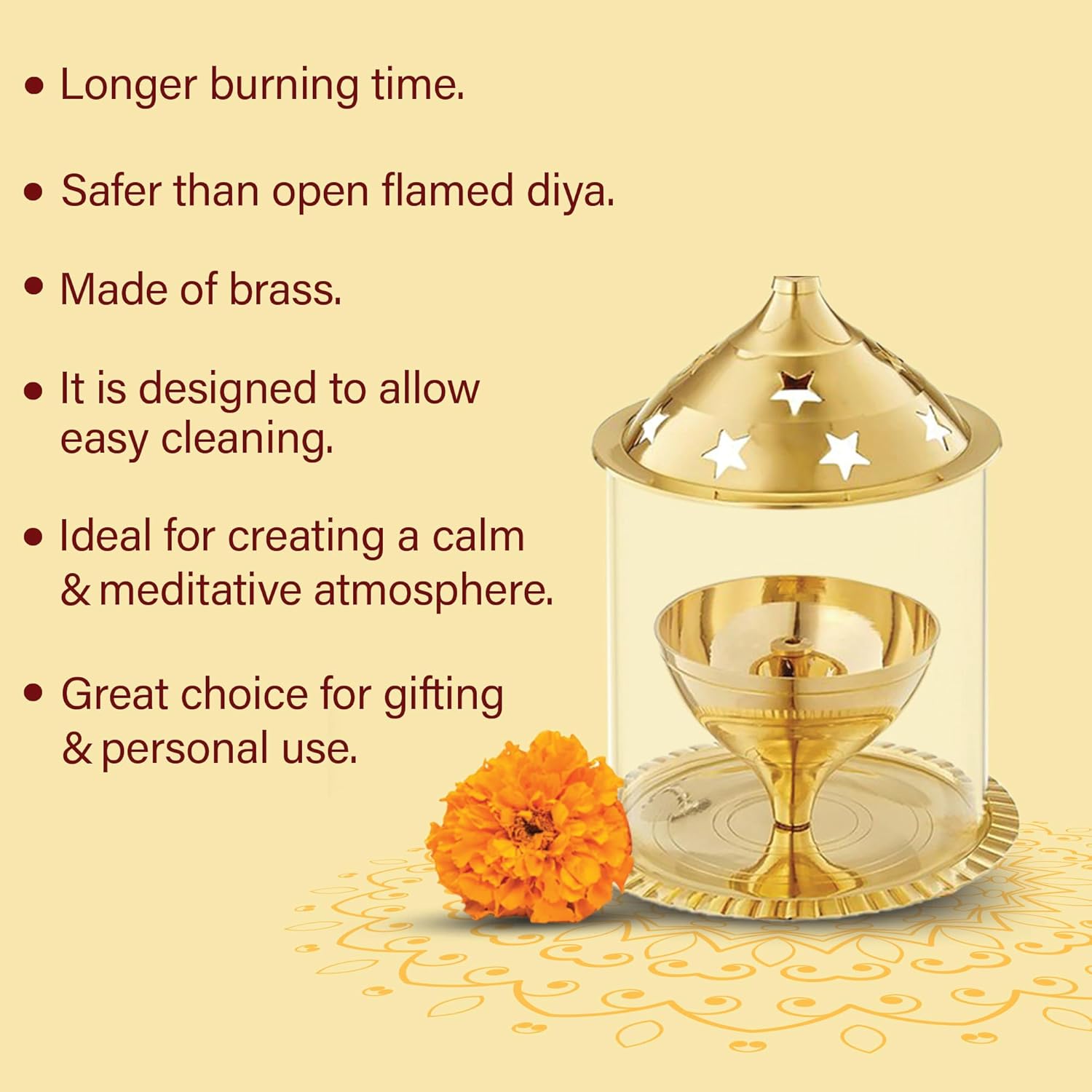 Shubhkart Nitya Akhand Jyot Aaradhya Brass Pooja Diya for Puja & Religious Rituals with Borosilicate Glass Cover for Home,Office & Temple | Traditional Gifting (6.8 Inch Height) - 251Gms
