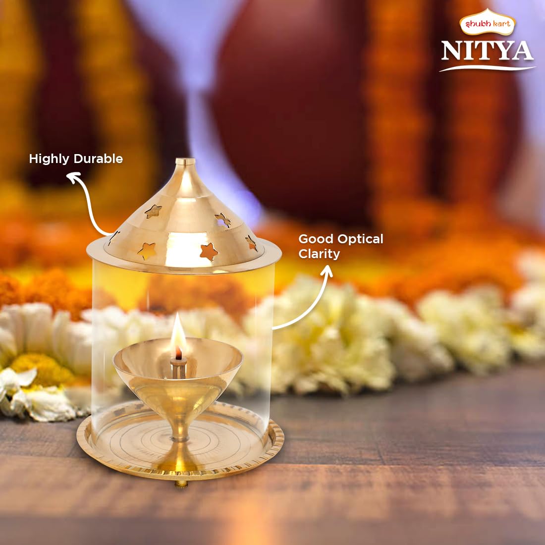 Shubhkart Nitya Akhand Jyot Aaradhya Brass Pooja Diya for Puja & Religious Rituals with Borosilicate Glass Cover for Home,Office & Temple | Traditional Gifting (6.8 Inch Height) - 251Gms