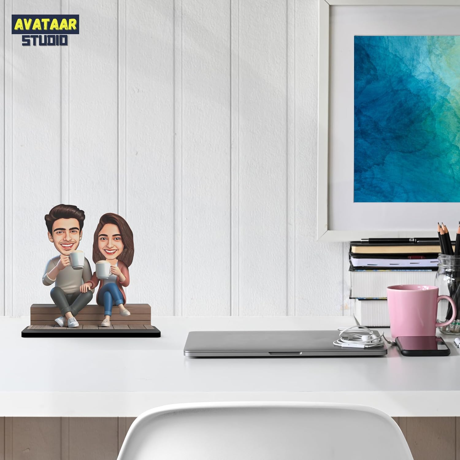 Wood Rectangular Personalized Caricature Gift for Couple, 7 Inches, Tabletop Multicolor, Art Deco Style