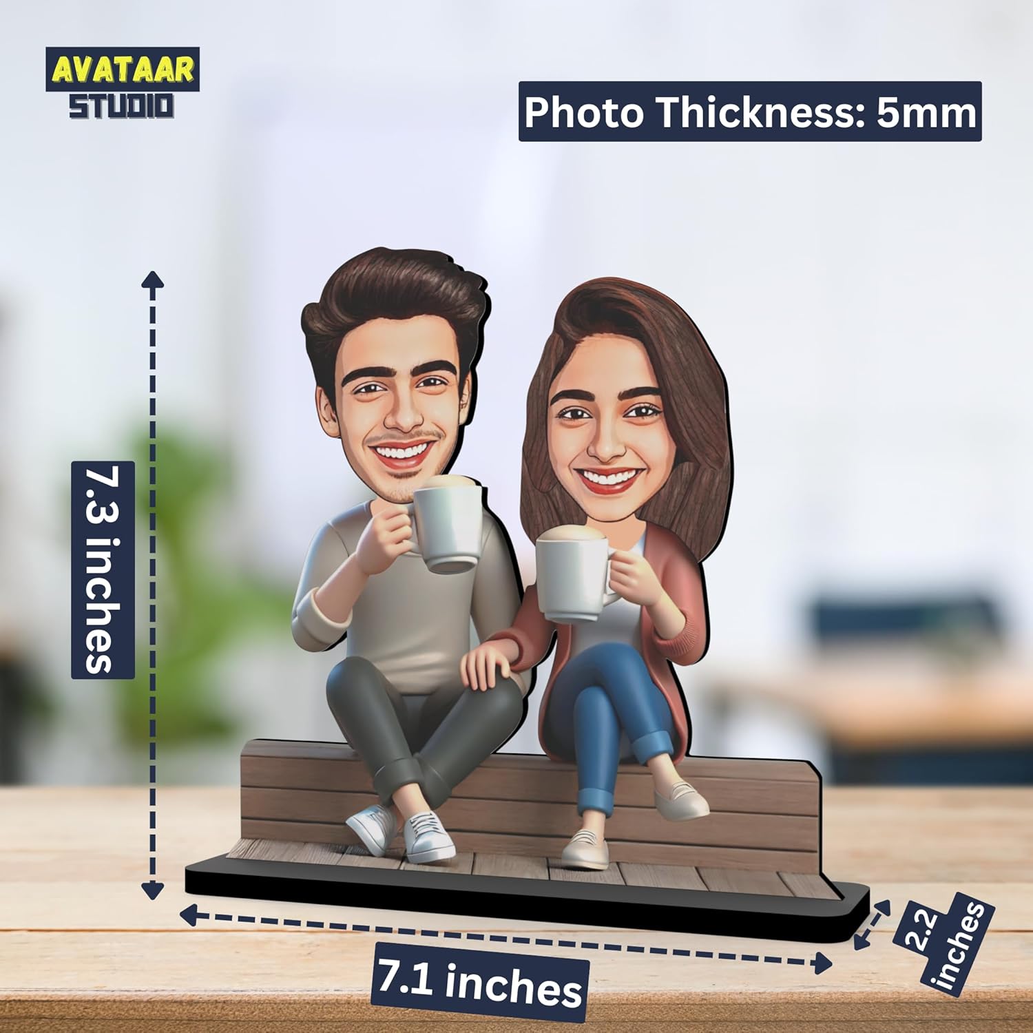 Wood Rectangular Personalized Caricature Gift for Couple, 7 Inches, Tabletop Multicolor, Art Deco Style