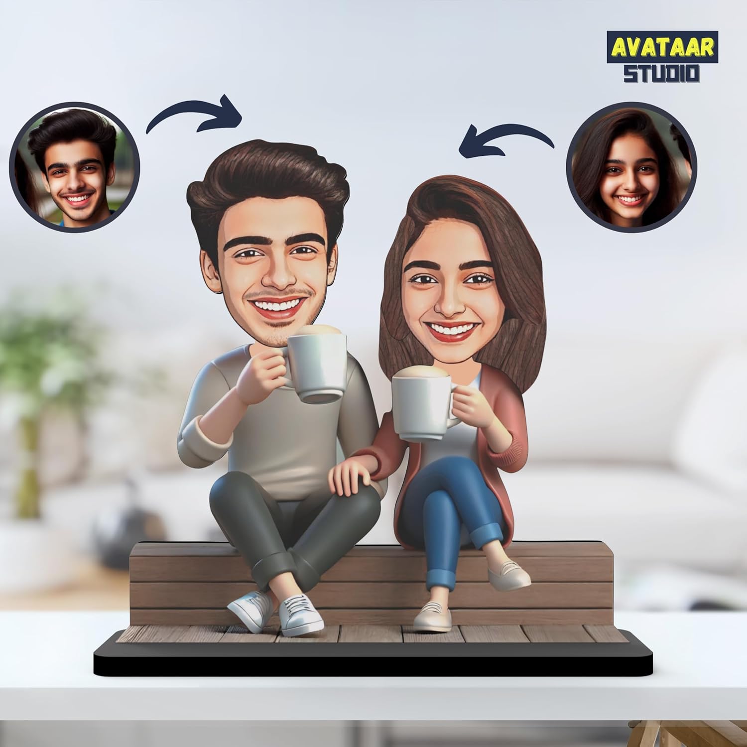 Wood Rectangular Personalized Caricature Gift for Couple, 7 Inches, Tabletop Multicolor, Art Deco Style