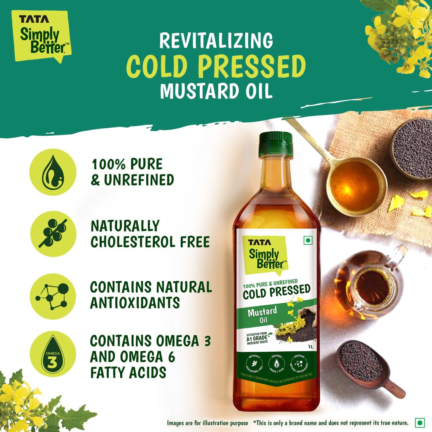 Pure & Unrefined Cold Pressed Mustard Oil,Naturally Cholesterol Free, 1L, Rich Aroma & Flavour of Real Mustard Seeds, A1 Grade Mustard Seeds